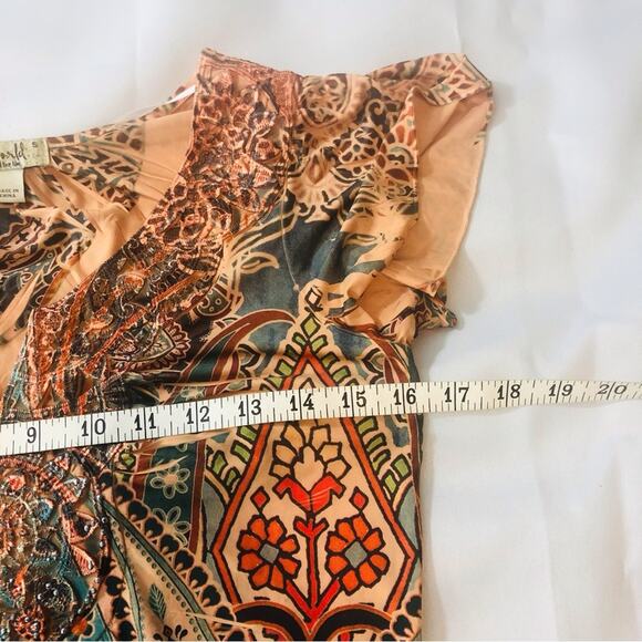 One World Flattering Multi Color Coral Paisley Pop Over Top V Neck Light Weight - Picture 9 of 16
